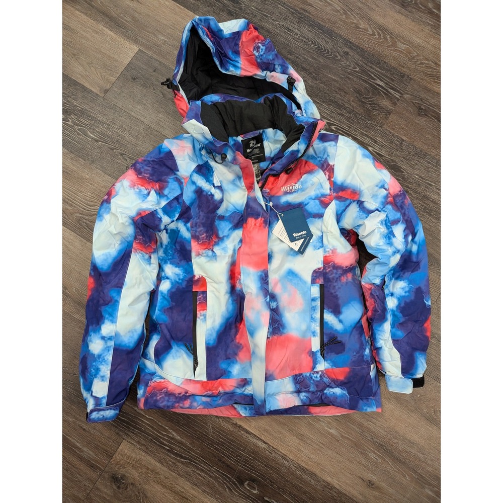 Wantdo Womens Mountain Ski Jacket Blue Pink Cloud Print Waterproof Hooded Size M